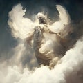 White lady angel with white apparell and large white wings in the sky full of white clouds religious symbol