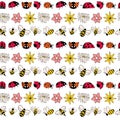 White Ladybugs and Bees seamless pattern background. Summer pattern with flowers and bugs. Doodle bugs pattern. Cartoon Royalty Free Stock Photo