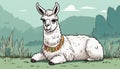 A white lama with a colorful necklace