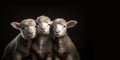 White lamb isolated on black background. cute portrait of a fluffy sheep, Close-up of a young sheep looking at camera