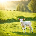 White Lamb In A Sunny Green Pasture