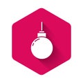 White Lamp hanging icon isolated with long shadow background. Ceiling lamp light bulb. Pink hexagon button. Vector