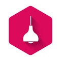 White Lamp hanging icon isolated with long shadow background. Ceiling lamp light bulb. Pink hexagon button. Vector