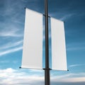 White Lamp Post Banner Mockup, blank advertisment 3d Rendering with Blue Sky background