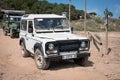 White Land Rover Defender in the field in Barcelona, Spain