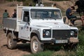 White Land Rover Defender in the field in Barcelona, Spain