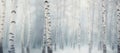 White landscape panorama of winter forest with tall birch trees in soft mist and falling snowflakes Royalty Free Stock Photo