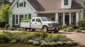 A White Landscaping Truck Parked In Front Of A House With Lawn Equipment In The Back. Generative AI