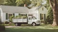 A White Landscaping Truck Parked In Front Of A House With Lawn Equipment In The Back. Generative AI