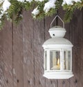 White lantern hanging on a fir branch