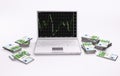 White laptop with chart and stacks of euros 3d Royalty Free Stock Photo