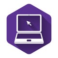 White Laptop with cursor icon isolated with long shadow. Purple hexagon button Royalty Free Stock Photo