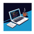 White laptop displaying colorful code next to coffee mug and notepad computer coding Royalty Free Stock Photo