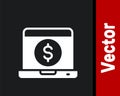 White Laptop with dollar icon isolated on black background. Sending money around the world, money transfer, online Royalty Free Stock Photo