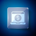 White Laptop with dollar icon isolated on blue background. Sending money around the world, money transfer, online Royalty Free Stock Photo