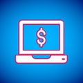 White Laptop with dollar icon isolated on blue background. Sending money around the world, money transfer, online Royalty Free Stock Photo