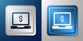 White Laptop with dollar icon isolated on blue and grey background. Sending money around the world, money transfer Royalty Free Stock Photo