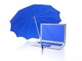 White Laptop Under Blue Umbrella