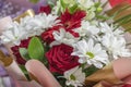 White large daisies and roses. Beautiful bouquet for the newlyweds. Royalty Free Stock Photo