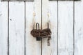 A white large door closed with a chain and TWO locks Royalty Free Stock Photo