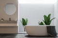 White large loft bathroom, tub and sink front view