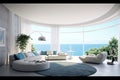 White large modern living room, ocean view background, modern Italian round furniture, ultramarine round pillows Royalty Free Stock Photo