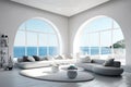 White large modern living room, ocean view background, modern Italian round furniture, ultramarine round pillows Royalty Free Stock Photo