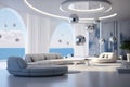 White large modern living room, ocean view background, modern Italian round furniture, ultramarine round pillows Royalty Free Stock Photo