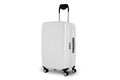 White Large travel polycarbonate suitcase mockup isolated on white background. Royalty Free Stock Photo
