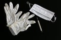 White latex medical gloves, thermometer and medical mask close-up Royalty Free Stock Photo