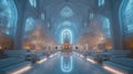 a white latex stone church adorned with inlaid transparent diamond cream, illuminated by the soft glow of membrane light