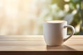 White latte coffee mug on Wooden plank floor table, side view, fresh atmosphere, sunlight in the early morning background