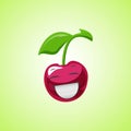 White laughing cartoon cherry symbol. Cute smiling cherry icon isolated on green background