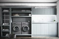 White laundry room interior, gray washing machines