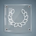 White Laurel wreath icon isolated on grey background. Triumph symbol. Square glass panels. Vector