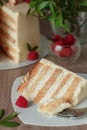 White, layered, multi-layer cake from biscuit smeared with cream, round shape