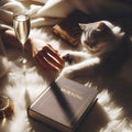 A white lazy cat in sunglasses sleeps near a book