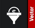 White Lead management icon isolated on black background. Funnel with money. Target client business concept. Vector