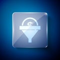 White Lead management icon isolated on blue background. Funnel with money. Target client business concept. Square glass