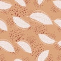 White leaf silouettes seamless random pattern. Pale orange background with splashes. Contoured foliage print