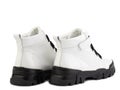 White leather ankle boots with black big laces. Isolated close-up on white background. Back side view. Casual seasonal Royalty Free Stock Photo