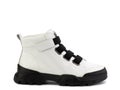 White leather ankle boots with black big laces. Isolated close-up on white background. Right side view. Casual seasonal Royalty Free Stock Photo