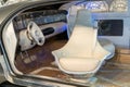 White leather armchair in the car. Interior inside. Driver's seat. Silver Mercedes car.Warsaw, Poland - 28.07.2023.