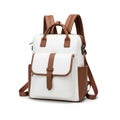 White leather backpack with brown trim isolated on white background Royalty Free Stock Photo