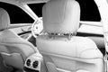 White leather interior of the luxury modern car. Leather comfortable white seats and multimedia. Steering wheel and dashboard. Aut Royalty Free Stock Photo