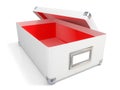 White leather opened box, with chrome corners, red interior and blank label Royalty Free Stock Photo