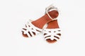 White leather women`s sandals with low heels Royalty Free Stock Photo