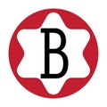 White letter B with a circle frame with a star motif. red