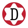 White letter D with a circle frame with a star motif. red