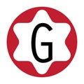 White letter G with a circle frame with a star motif. red